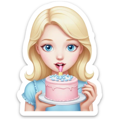 Blonde girl with pale skin and blue eyes with a light pink vintage cake  sticker