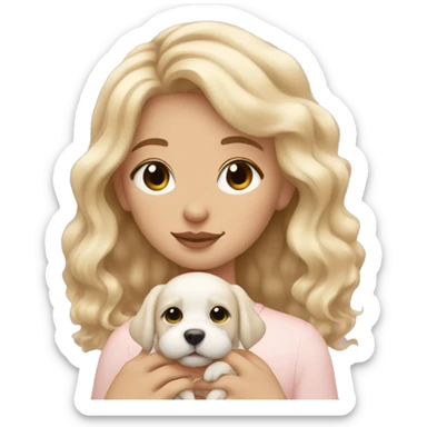 Aesthetic clean girl, white girl, blonde wavy hair holding cute small puppy with eyes closed and double heart emoji sticker