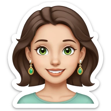 girl with gray-green eyes, brown hair, multiple earrings, mole on cheek, joyful expression sticker