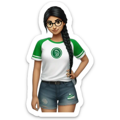 Mia Khalifa black braid white tshirt green sleeves slytherin emblem sticker