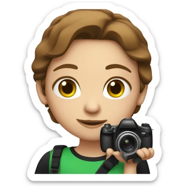 girl with brown hair, green eyes, red t-shirt and black pants holding photo camera sticker