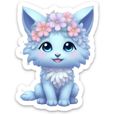 Anthro Cute Cool Blushing Pastel Innocent Shy Kawaii gorgeous sparkly ethereal fantasy anime animal creature with blue eyes furry sona with flowers and ribbons beautiful aesthetic sticker