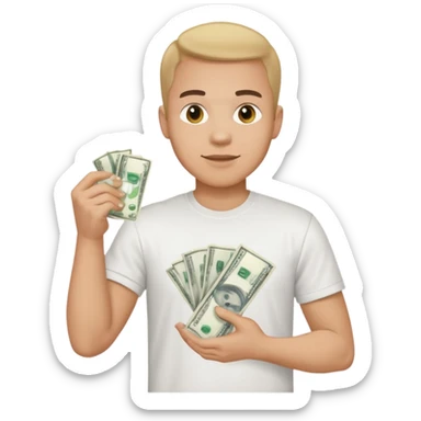 an American man with money in his hands wearing a T-shirt sticker