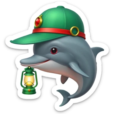 dolphin wearing green hat and a lantern with red light sticker