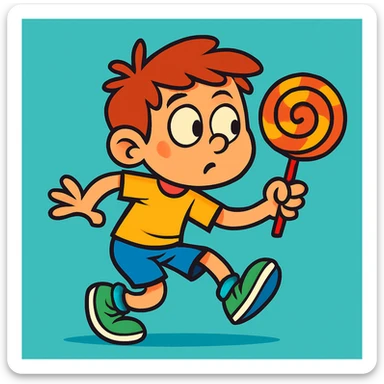 a kid tiptoeing away with a lollipop, fun and expressive, animated style, vibrant toon colors sticker