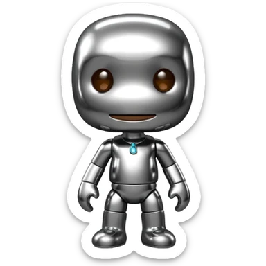 Turn this Sackboy character in the photo into 3D chrome metallic style, highly reflective and shiny, with realistic details sticker