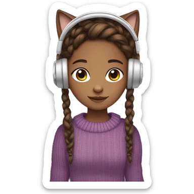 Brown hair girl, braids, brown eyes, violet sweater, headphones, clear glass, brown skin, and cat in hands sticker