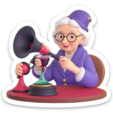 old lady with wineglass listening to gramophone sticker