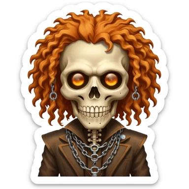 steam-punk Megadeth - iconic skeleton mascot with rusty metal eye covers and chains on his teeth, orange curly huge hair sticker