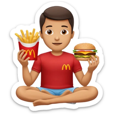 man in lotus pose eating McDonalds burger and fries sticker