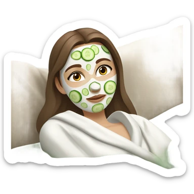 White girl with Brown hair and blue eyes wears a Green colored skincare clay textured mask and puts on cucumbers around her eyes while She relaxes in her white Robe sticker
