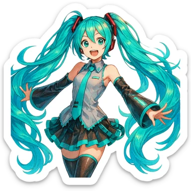 Hatsune Miku, teal twin tails, futuristic pop idol, vibrant, energetic sticker