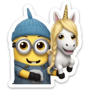 Minion holding a unicorn plushie sticker