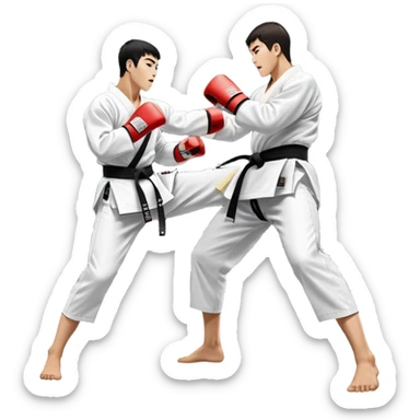 Two taekwondo fighters in traditional white doboks with black belts. One delivers a powerful kick, while the other defends by blocking with his knee. The background shows a professional arena with bright lights and an excited crowd. Transparent background highlights the intense action sticker