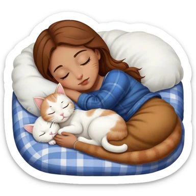 Light brown girl with brown hair sleeping with scottish white kitty with black nose sticker