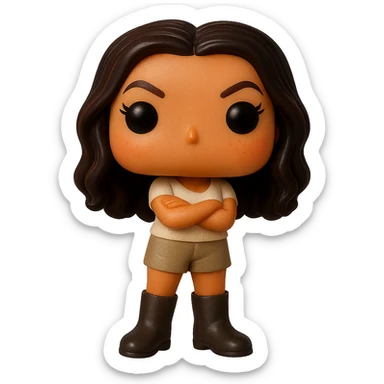 Enhance the image quality with smooth golden peach skin and a healthy glow, dark hair with auburn highlights, dark greige leather boots, textured clothing (cream top, greige bottom), arms crossed as in the reference image, coral peach cheekbones, subtle freckles, no neck visible, eyebrows with a mischievous and playful expression, no mouth, transparent background. Maintain the original style and composition. sticker