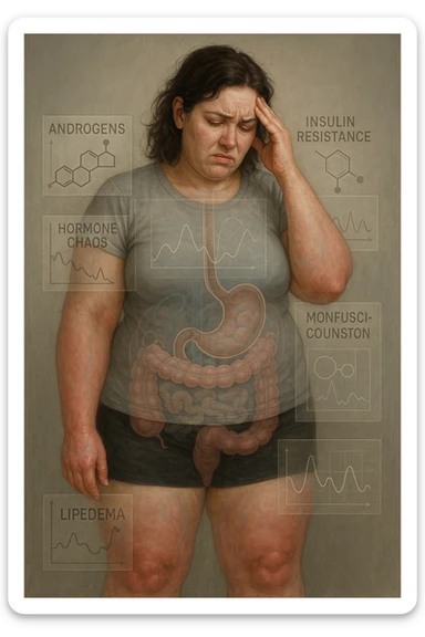 cinematic realistic in italiano Woman with PCOS struggling with hormonal chaos, transparent overlay showing elevated androgens and insulin resistance affecting her body, lipedema causing disproportionate fat accumulation in legs and arms despite normal torso, expression of frustration with unexplained weight gain, medical charts showing complex endocrine dysfunction, painful swollen limbs contrasting with metabolic confusion scrivi in italiano sticker