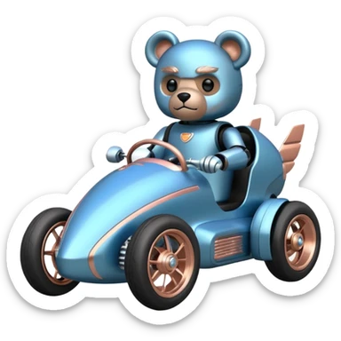  Metallic blue and rosegold-accented  kid-sized racing car for furry-faced grey bearded evil scary robot teddy bear and passenger with custom aero body and rear wing and motorcycle-sized wheels  sticker