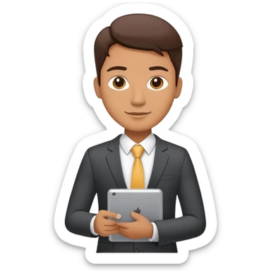 A flat-style illustration of a business executive confidently, holding a digital tablet or folder. The character wears smart business attire sticker