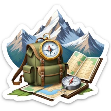Icon for Expeditions: a compass, a map, and a backpack with trekking gear, placed on a rugged mountain terrain with snow-capped peaks. The icon should evoke the spirit of adventure and discovery in remote, unexplored places. Transparent background. sticker