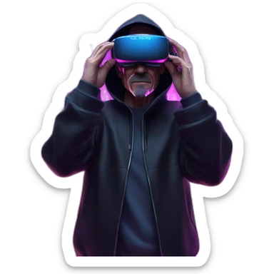 Walter White wearing a black hoodie with "OMG" letters on it and VR headset in a cyberpunk VR environment with violet neon lighting. sticker