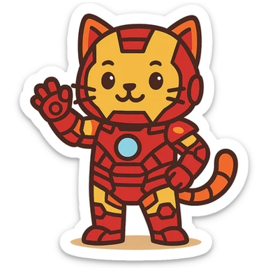 a cute cat in an Iron Man suit, cartoon style, bright red and gold armor sticker