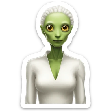  in front of his house, a Reptilian alien woman, in white dress, sticker