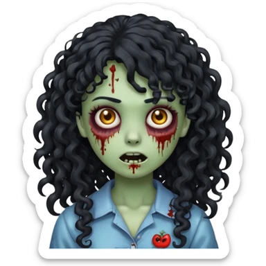 Emoji garota zombie com cabelo preto cacheado longo com franja cacheada sem volume sticker