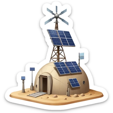 Desert outpost with solar panels and antennas sticker