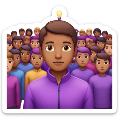 A person standing confidently in the center of a room, radiating a violet warm bright glow, he is calm with a lot of people around sticker