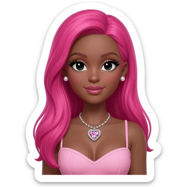 pearl earrings stud, Long giant lashes, Doll faced shaped,swarovski heart with Rhodium plated necklace, bimbo, black doll eyes, barbie, dark brown skin, with long hot pink hair, light pink, big breast sticker