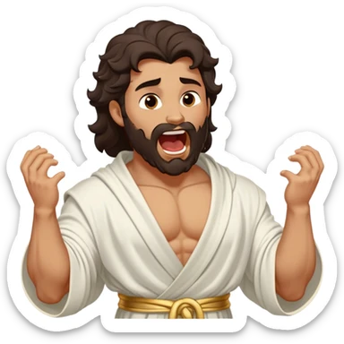 Cinematic Realistic Hercules Portrait, head tilted slightly with a dramatic, wide-open yawn, revealing a moment of relaxed, unguarded strength. His bronze, sculptural skin and thick, wavy dark hair retain their classical beauty even in repose. Draped in a gracefully flowing white robe with subtle golden details, the portrait is bathed in soft natural lighting, capturing a tender glimpse of vulnerability from a timeless Greek hero. sticker