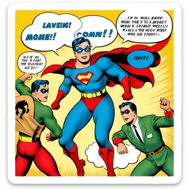 Icon for Vintage American Comics: an open comic book with classic 1940s-1950s American comic art, featuring superheroes in bold, bright colors, with action panels and exaggerated speech bubbles. The icon should represent the nostalgic style of vintage comics. Transparent background. sticker