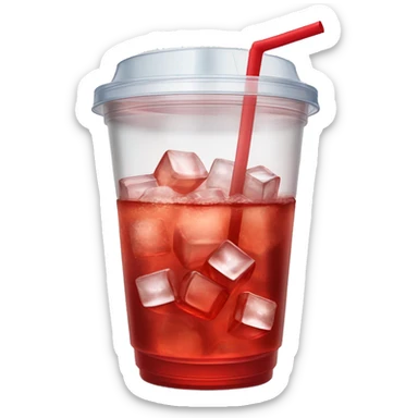 Realistic see through plastic cup and lid with half full Transluscent red soda,straw and large ice cubes inside. sticker