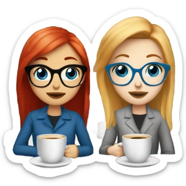 Two white skin girl friends one blonde in glasses blue eyes and one red headed with no glasses sitting in the coffee house drinking coffee sticker
