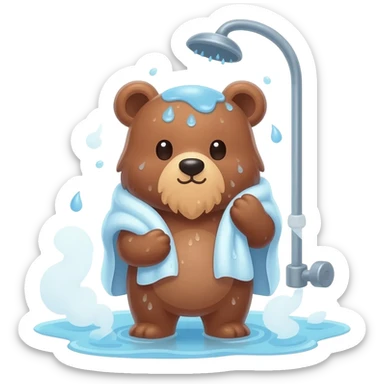 Cute bear eith beard coming out of the shower with towe and water drops on him sticker