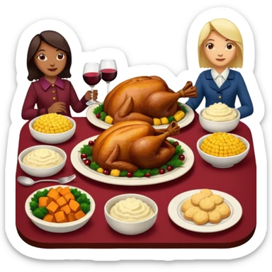Thanksgiving Dinner with 6 friends of all different races around the table; have the food be a cooked turkey, mashed potatoes, corn, a basket of biscuits, a small bowl of cranberry sauce, baked yams, steamed vegetables, and a bottle of wine. sticker