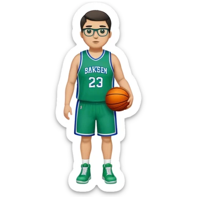 Full Body plus size white male with dark short hair basketball player wearing glasses wearing blue green uniform sticker