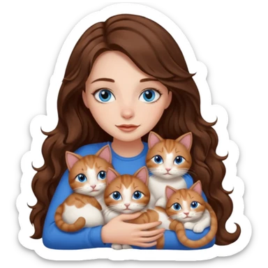 girl with long wavy brown hair, blue eyes, long lashes makeup, cuddling with 6 cats sticker