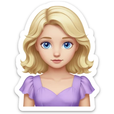 blonde girl with blue eyes and slight wavy hair wearing a lilac dress sticker
