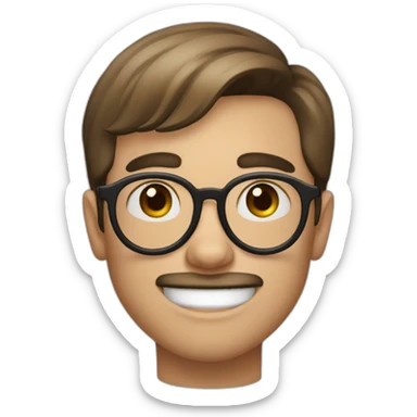 boy with big eyebrows, round glasses, bangs,big teeth, pale skin, brown hair, mustache sticker