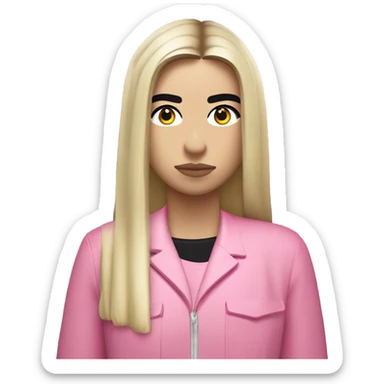 Dua lipa con chongo y dos pelos al frente rubia con saco rosa manejando sticker