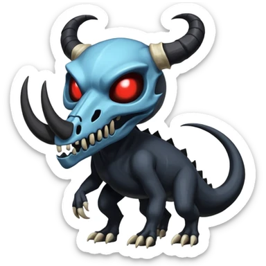 Shiny Dark Edgy  Duskull-Salandit-Inteleon-Amaura-Fakémon-hybrid-creature (full body) with a horned animal-skull-mask sticker