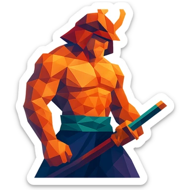 A muscular samurai with geometric shapes and vibrant colors sticker