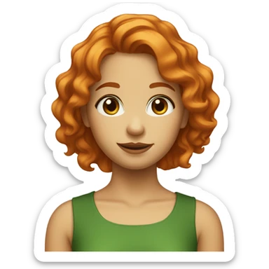 wavy orange haired girl with brown eyes and a green top sticker