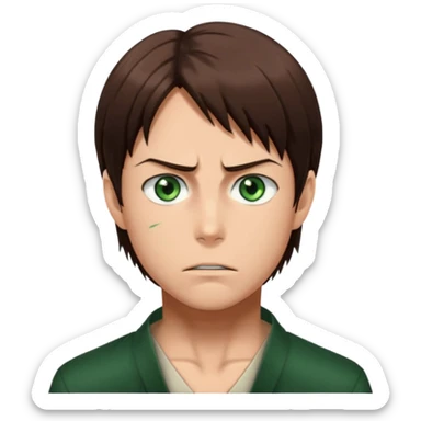 “Create an avatar that looks like Eren Yeager from Attack on Titan, Season 4 — sharp jawline, tied-back long brown hair, intense green eyes. Normal expression.  sticker