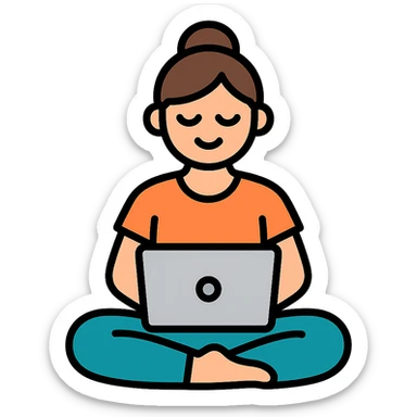 yoga teacher sitting cross-legged with a laptop, colored icon with black outlines sticker