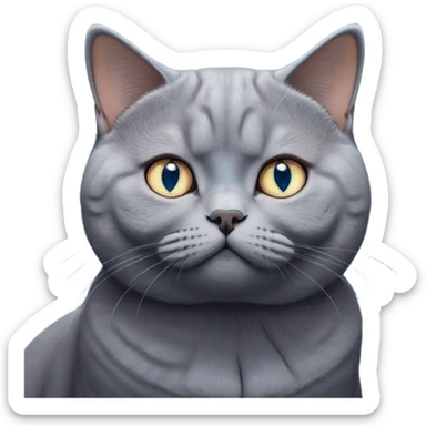Cinematic Cute Bored Grey British Shorthair Cat Portrait Emoji, Head tilted slightly with a scrunched, bored expression, sleek soft grey fur with subtle blue undertones, Simplified yet adorable features, highly detailed, glowing with a soft, friendly glow, high shine, curious but clearly uninterested, stylized with a touch of whimsy, soft glowing outline, capturing the essence of a bored yet irresistibly cute kitty, so endearing it feels like it could tilt its head and let out a dramatic sigh at any moment! sticker