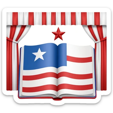 Book of theatrical set design with cover designed like the Puerto Rican flag, red and blue stripes with white star, theater curtains visible on pages sticker
