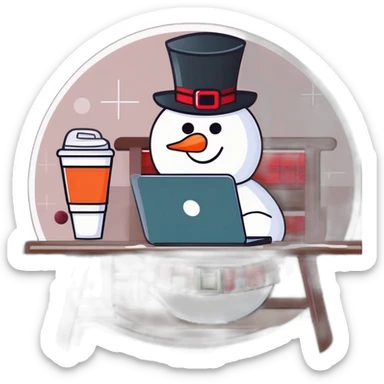 cute female snowman with a laptop holding a coffee mug sticker